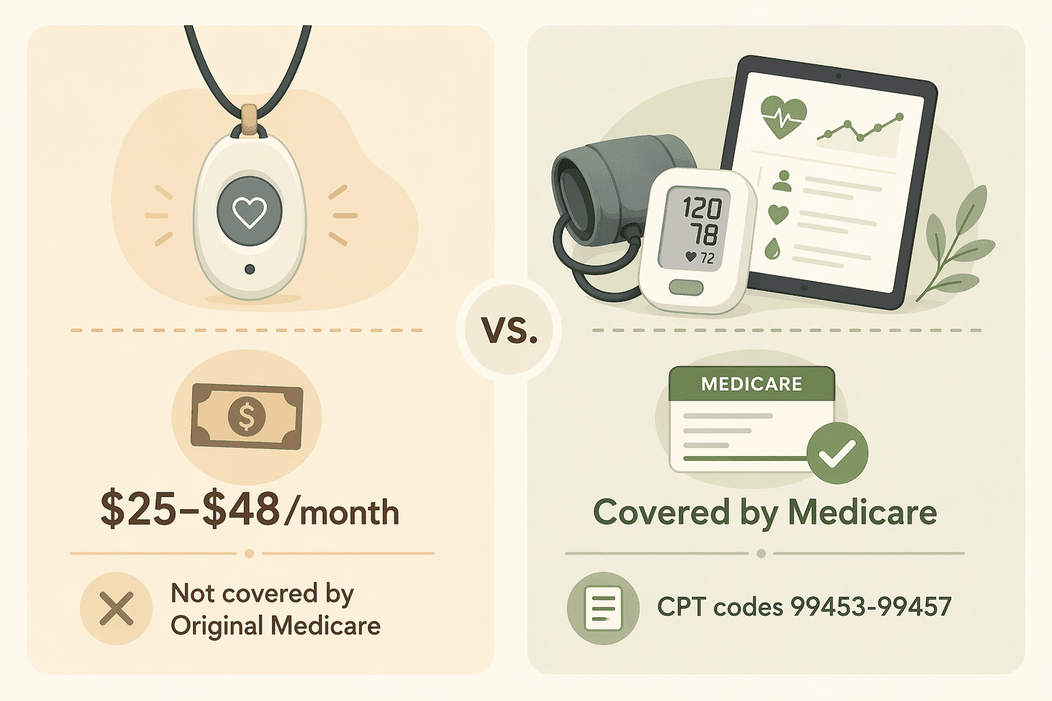 Cost comparison: left shows a pendant icon above '$25-$48/month' with 'Not covered by Original Medicare' note. Right shows a blood pressure cuff and tablet above a Medicare card icon with checkmark and 'Covered by Medicare CPT codes 99453-99457'.