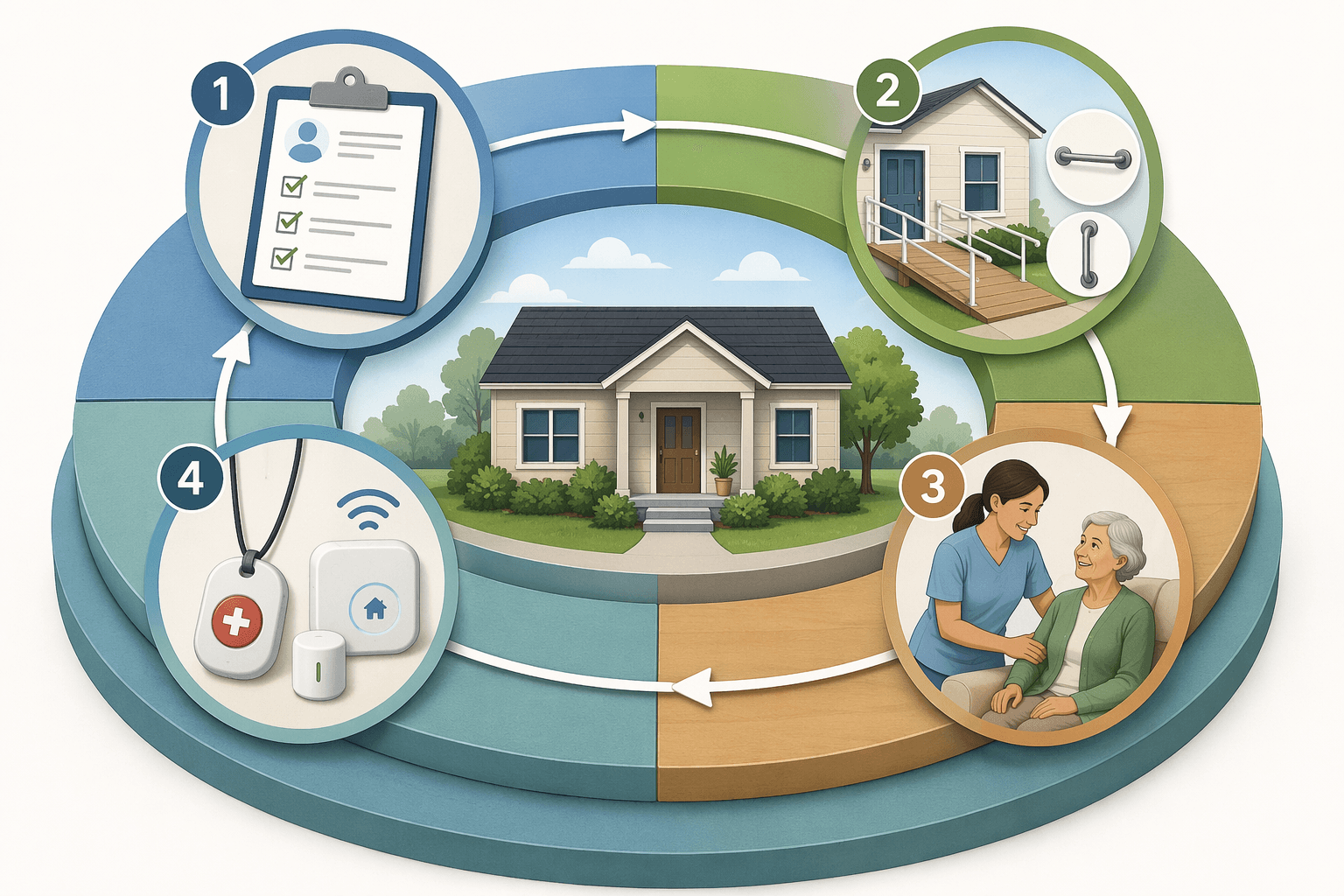 Four connected service layers around a house icon: assessment clipboard, home modification with ramp and grab bar icons, in-home caregiver assisting a senior, and monitoring with pendant and sensor icons, with arrows linking the layers outward from assessment to monitoring.
