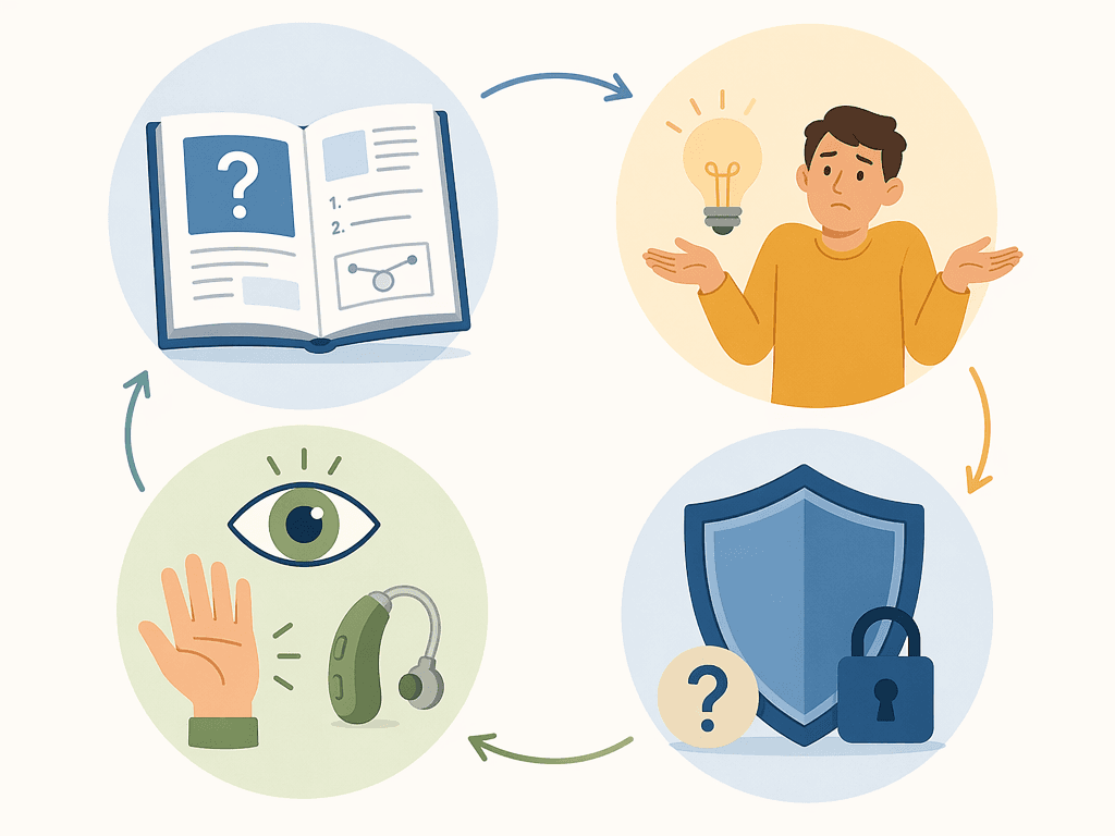 Four-panel grid illustration showing the four barriers: lack of clear instructions, low confidence, health-related limitations, and fear of security and cost.