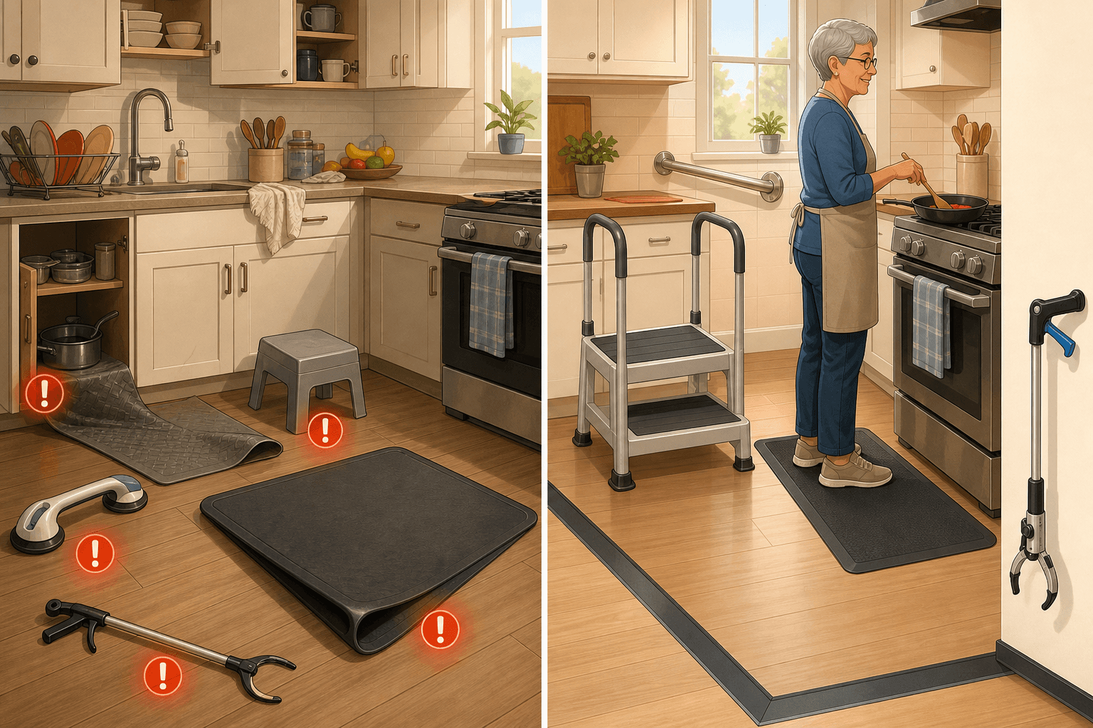 Split-screen illustration of a kitchen transformation. Left side shows a hazardous kitchen with curled-edge non-slip mat, small handrail-less step stool, detached suction-cup grab bar, thick curled anti-fatigue mat, and single-handle reacher with subtle red warning indicators. Right side shows the same kitchen redesigned with beveled rubber flooring strips, a wide step stool with bilateral handrails, anchored grab bar, thin beveled mat, and rotating-jaw reacher, with an older adult cooking confidently.