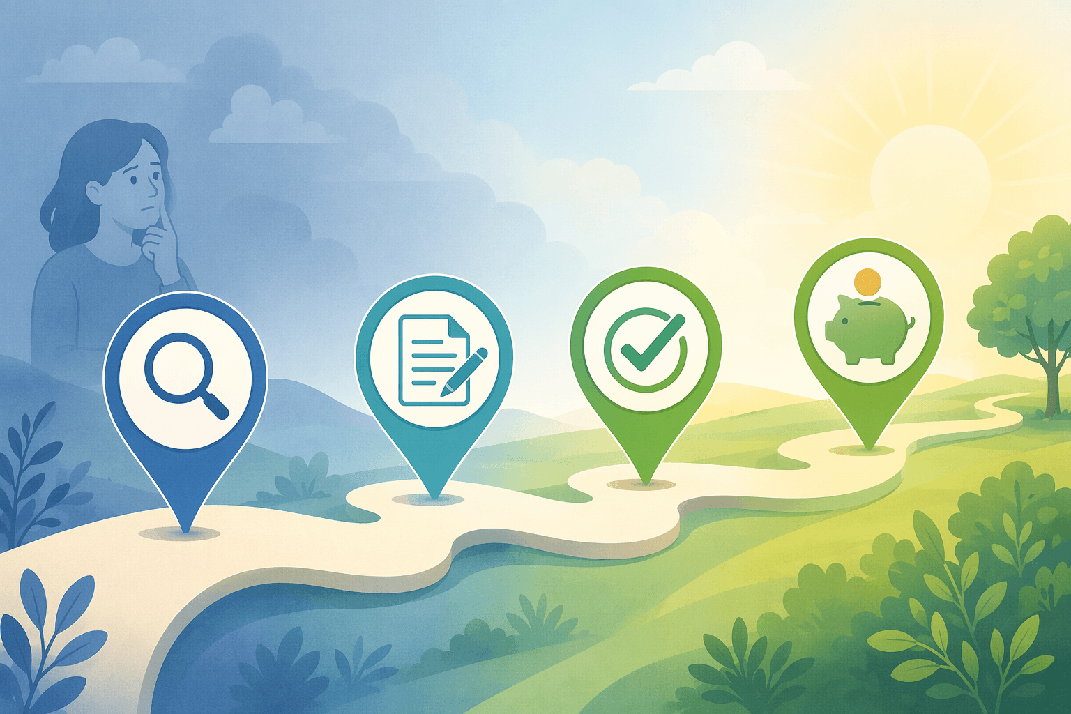 A flowing pathway illustration with four sequential markers: a magnifying glass, a document, a checkmark, and a savings icon. Warm blue and green tones. Represents a step-by-step journey from checking eligibility to receiving benefits.