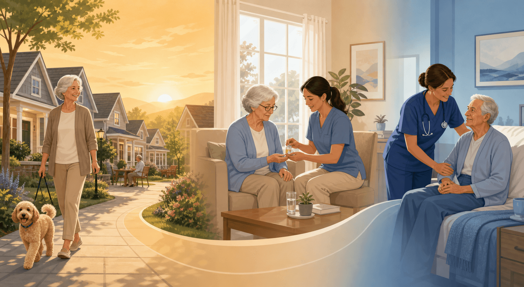 A warm vector illustration showing three scenes along a care-level spectrum: left, an independent senior walking a dog near cottage homes in golden sunlight; center, a senior receiving medication assistance from a caregiver in a bright apartment; right, a nurse supporting a senior in a skilled nursing setting with a soft blue background, connected by a subtle gradient path.