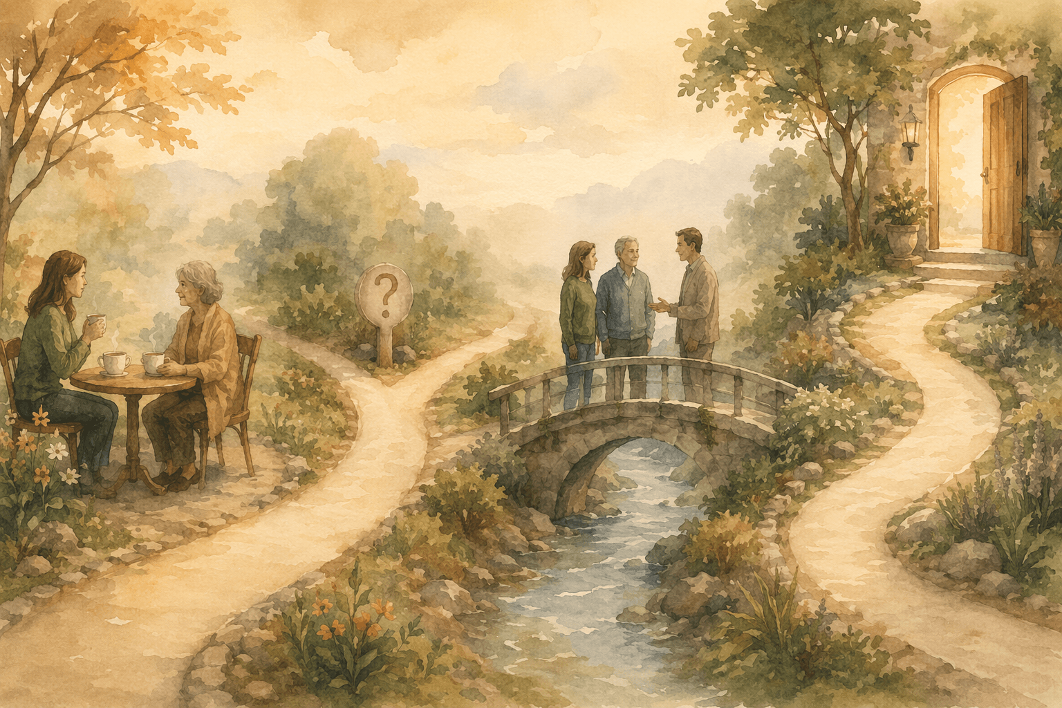 A soft watercolor illustration of a winding path with markers representing the gradual journey of conversation about senior living.