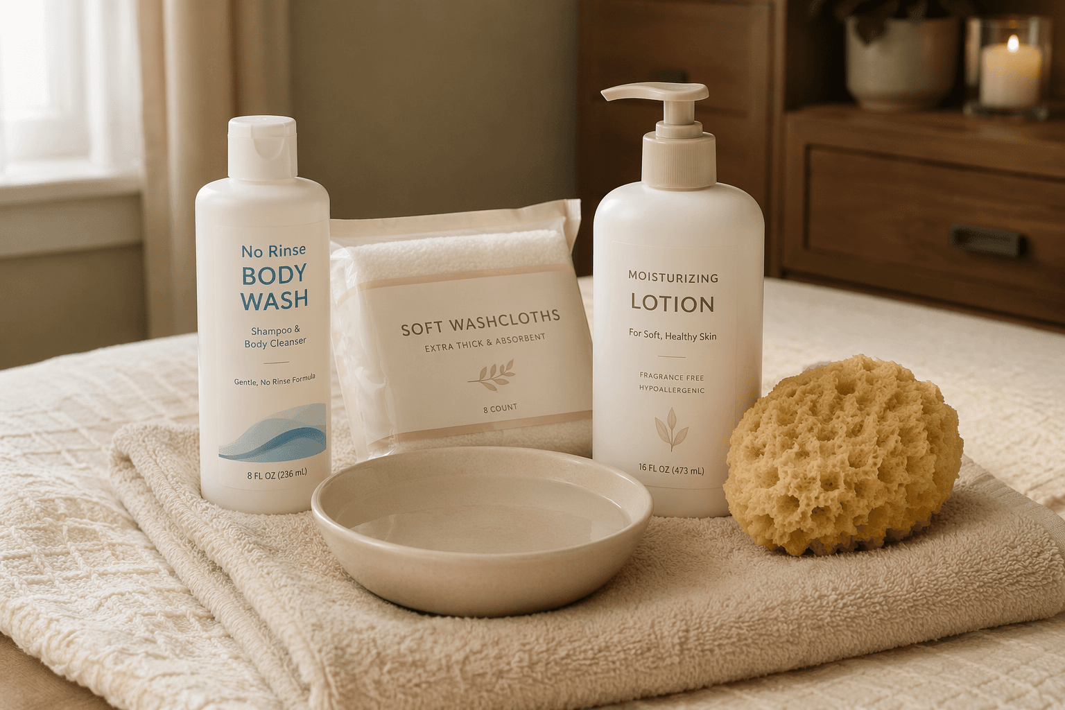 Alternative hygiene supplies arranged neatly on a soft towel: a no-rinse body wash bottle, soft washcloths, a small bowl of warm water, moisturizing lotion, and a clean sponge.