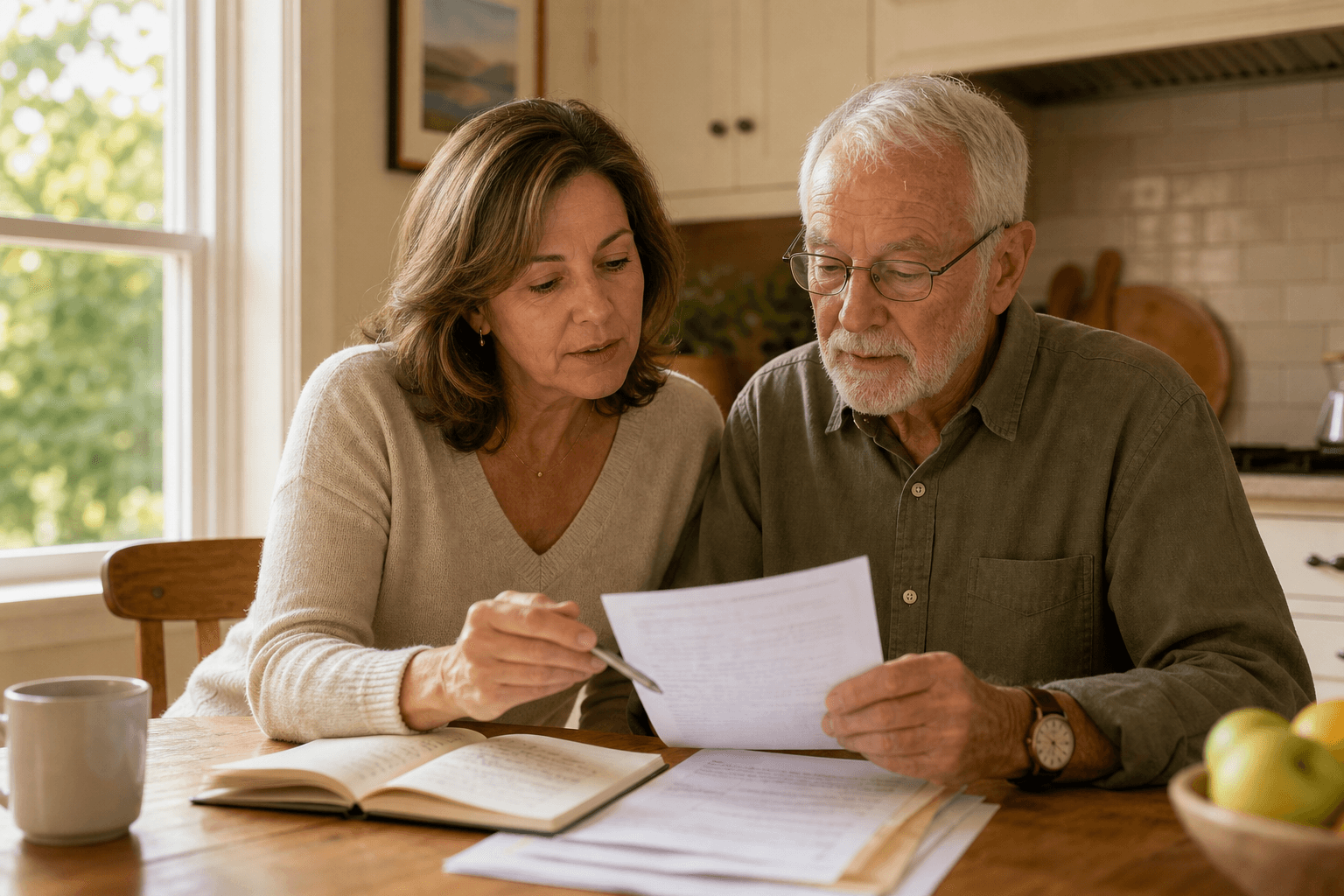 An adult woman in her late 40s and her elderly father sit together at a warm kitchen table near a sunlit window, looking at documents and an open notebook in a calm, collaborative way.