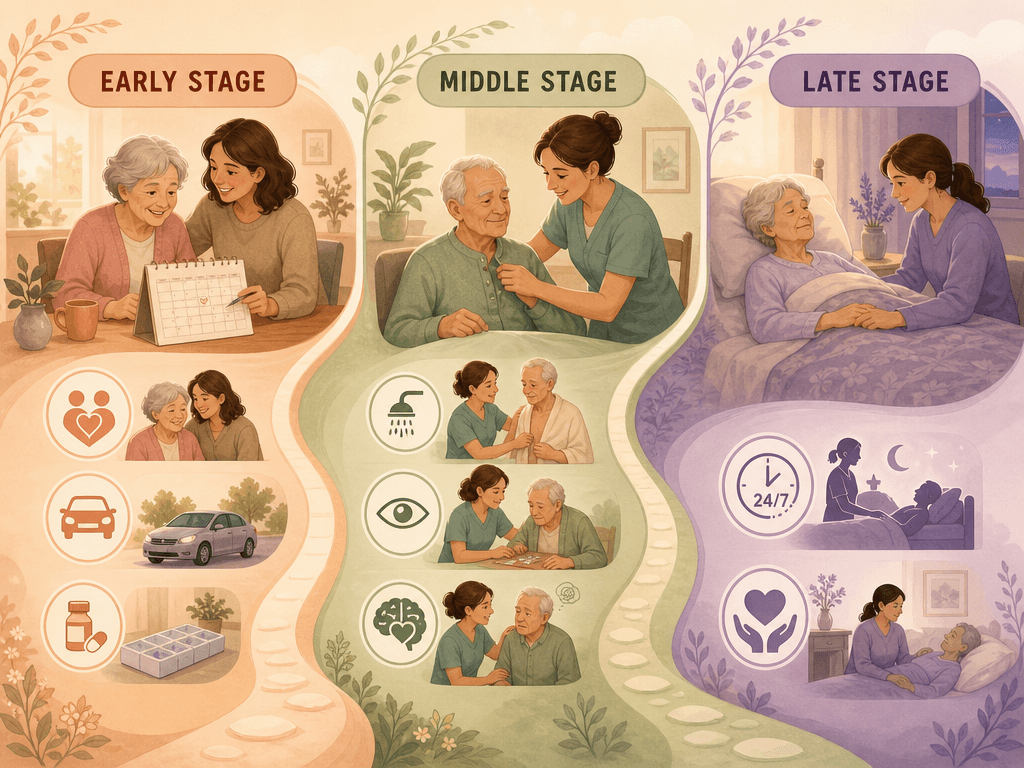 A gentle pathway illustration showing three dementia stages: early-stage with a companion figure, middle-stage with a caregiver assisting with daily tasks, and late-stage with skilled nursing and hospice.