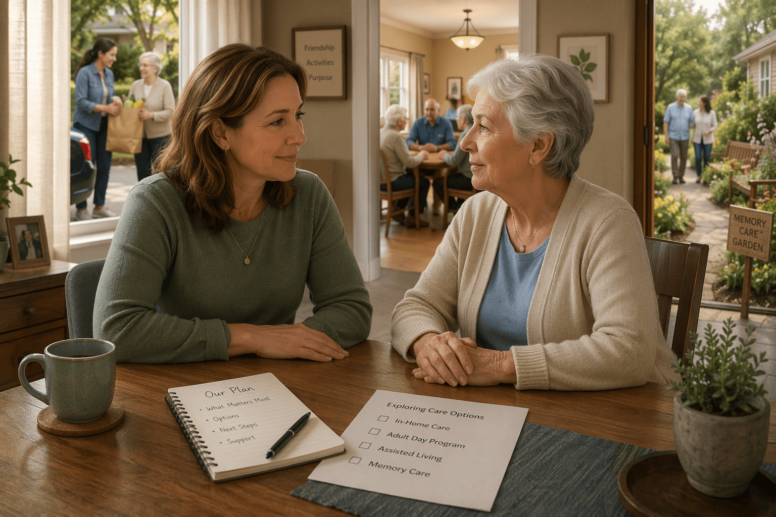 An adult child and their older parent sit at a kitchen table with a notebook and checklist between them, representing the collaborative care planning process.