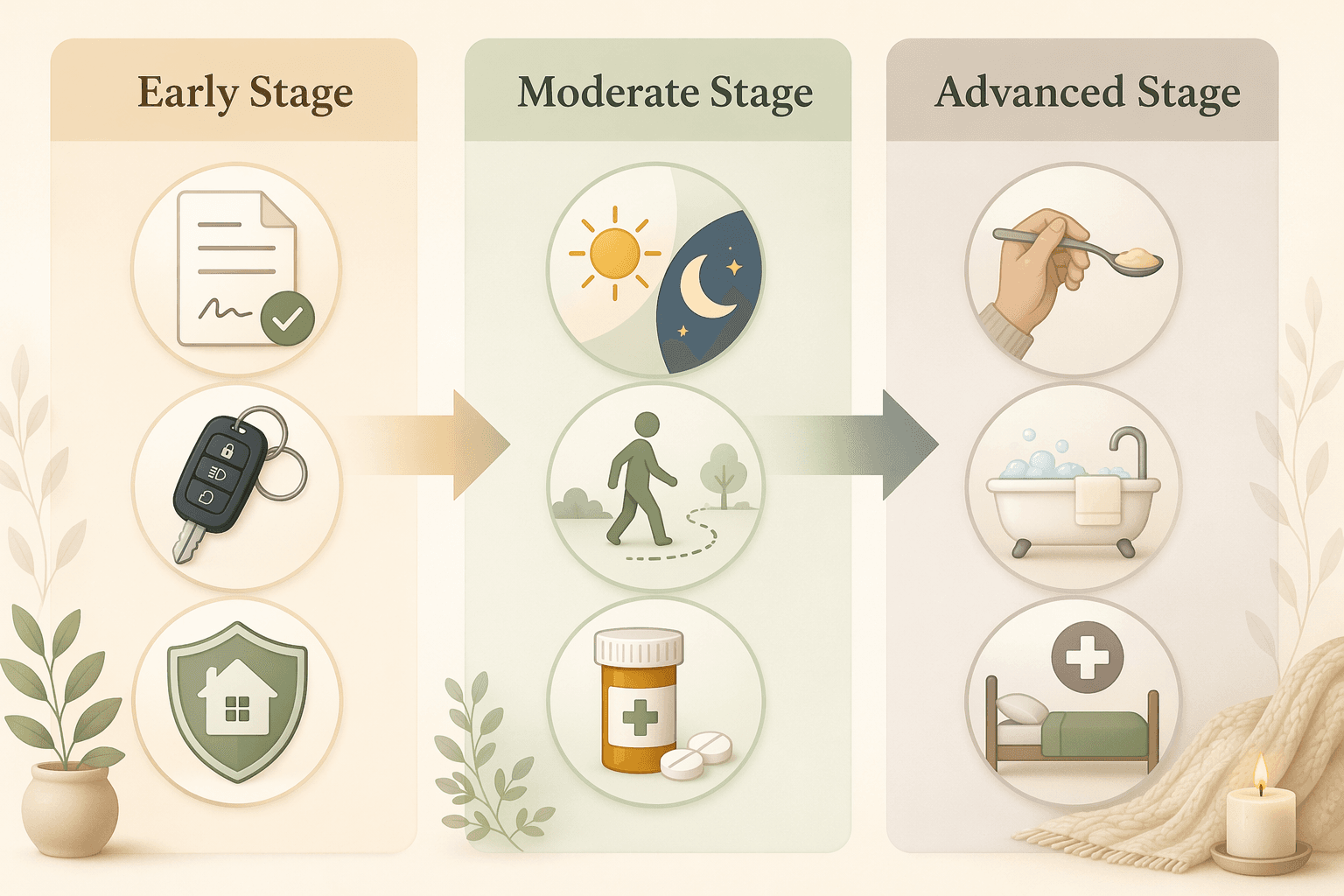 A three-column editorial graphic showing dementia care progression: left column labeled 'Early Stage' with a document icon, a car key icon, and a shield icon; middle column labeled 'Moderate Stage' with a sun-moon icon, a walking figure icon, and a pill bottle icon; right column labeled 'Advanced Stage' with a spoon icon, a bath icon, and a bed icon.