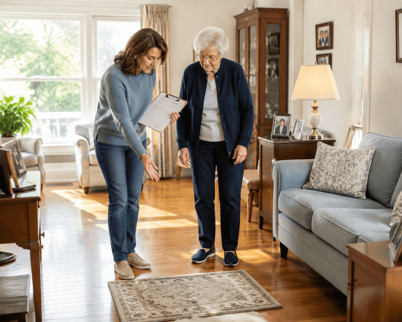 Adult daughter and elderly parent reviewing a living room area rug during a home safety walkthrough