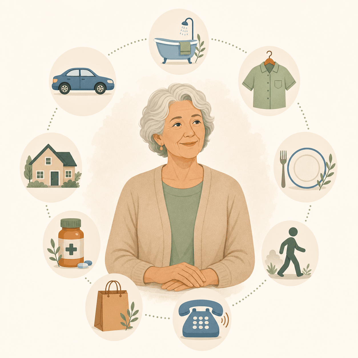 An older adult surrounded by icon-style symbols representing daily living activities: bathing, dressing, eating, mobility, toileting, telephone use, shopping, food preparation, housekeeping, laundry, transportation, medications, and finances.