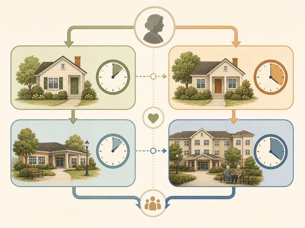 Quadrant-panel decision framework illustration with four color-coded panels showing different senior care scenarios: house icons combined with clock faces indicating low or high care hours, and community building icons with clock faces, connected by arrows showing decision pathways.