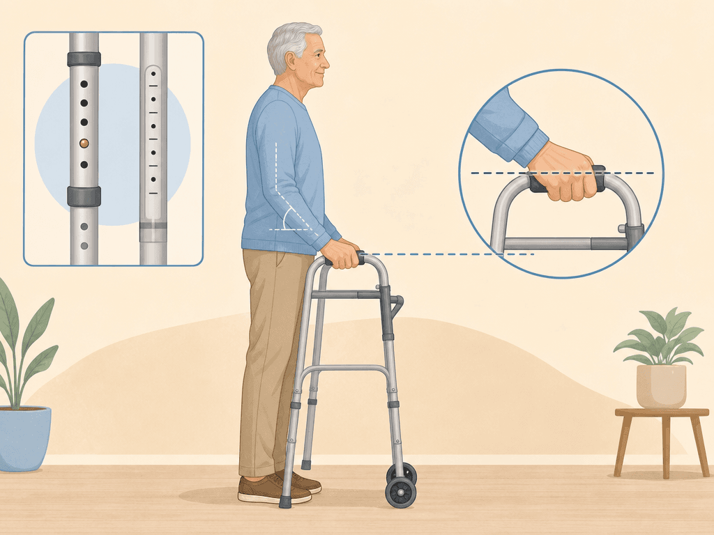 Side-view illustration showing a senior standing with hands on walker grips, dashed line indicating wrist-level alignment, and curved arrow showing 15 degree elbow bend.
