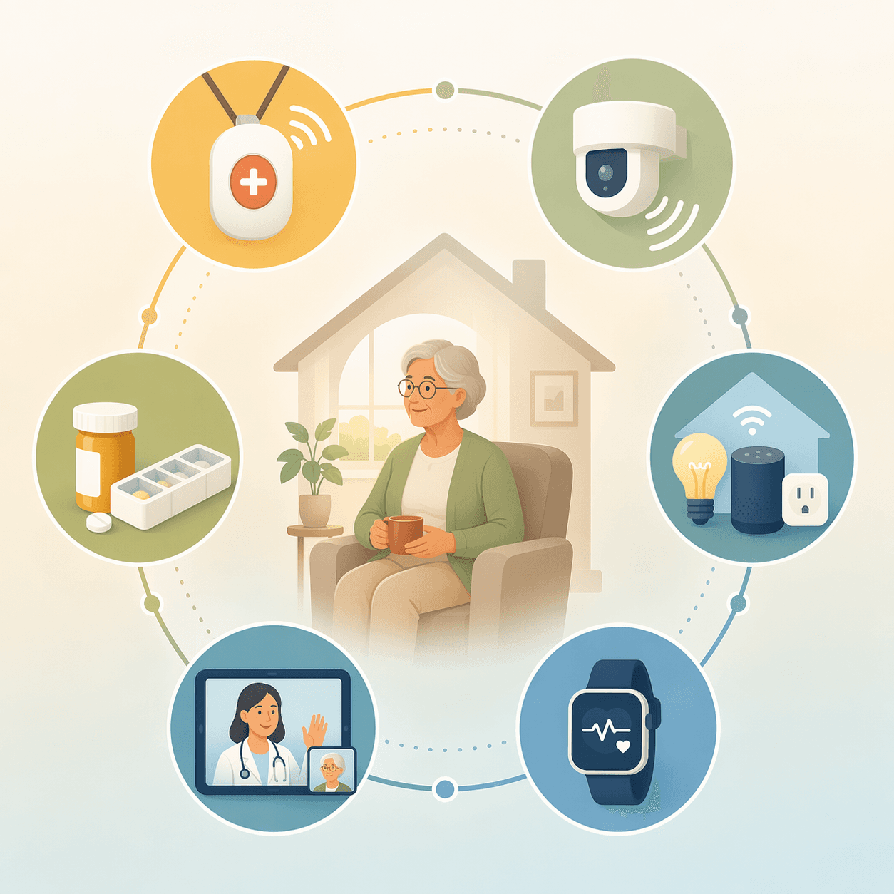 A circular icon arrangement of six technology categories for aging in place — medical alert, passive monitoring, smart home, wearable, telehealth, and medication tools.