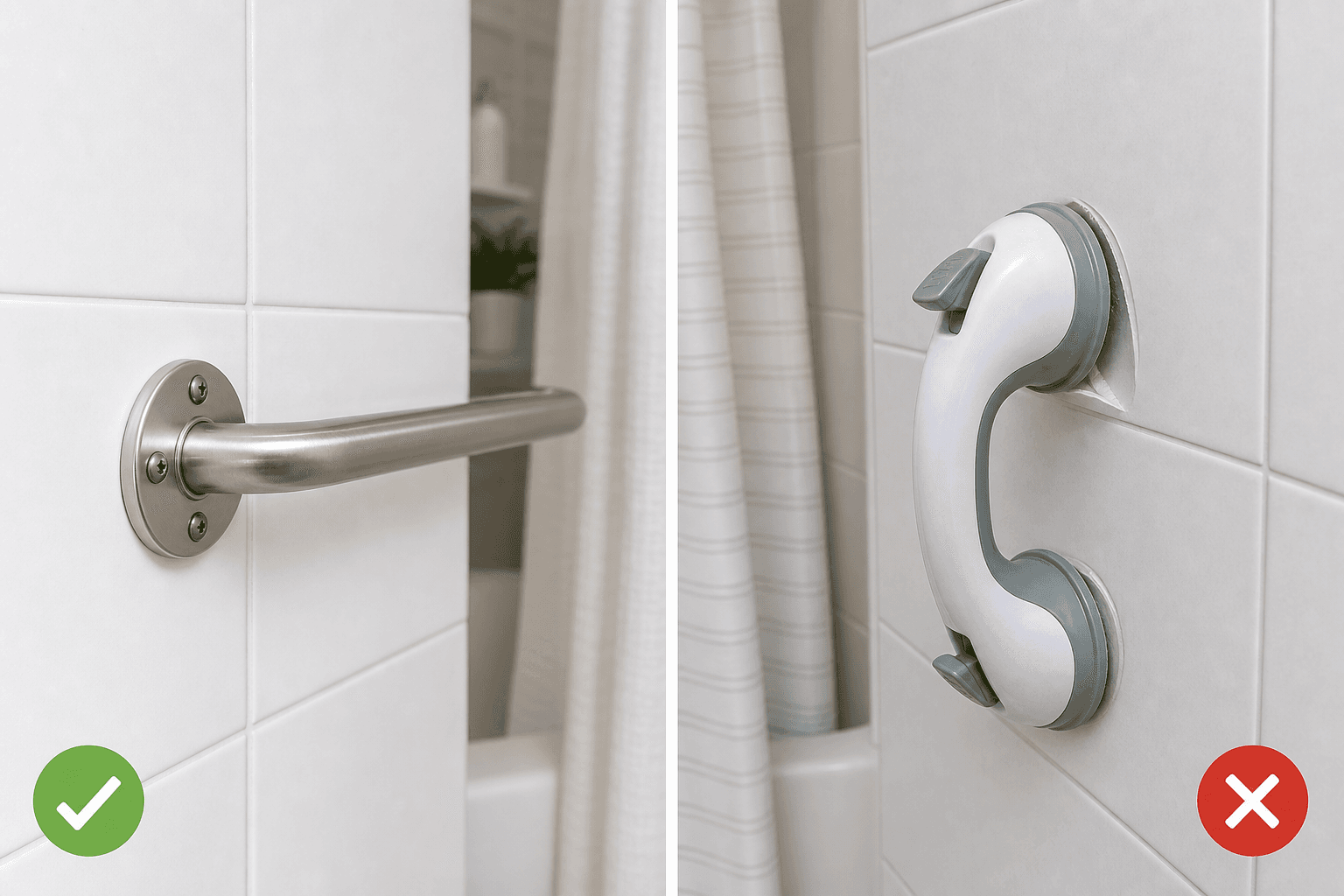 A side-by-side comparison of two bathroom grab bar installations: on the left, a grab bar securely anchored into wall studs with visible mounting screws; on the right, a suction-cup grab bar beginning to detach from the tile wall.