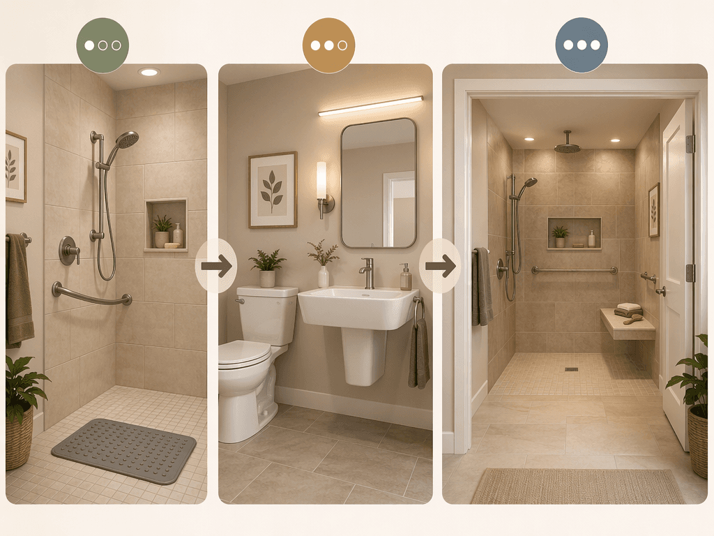Three-panel editorial illustration showing a progressive bathroom safety upgrade from basic grab bars and non-slip mats to a fully accessible bathroom with curbless shower and wide doorway.