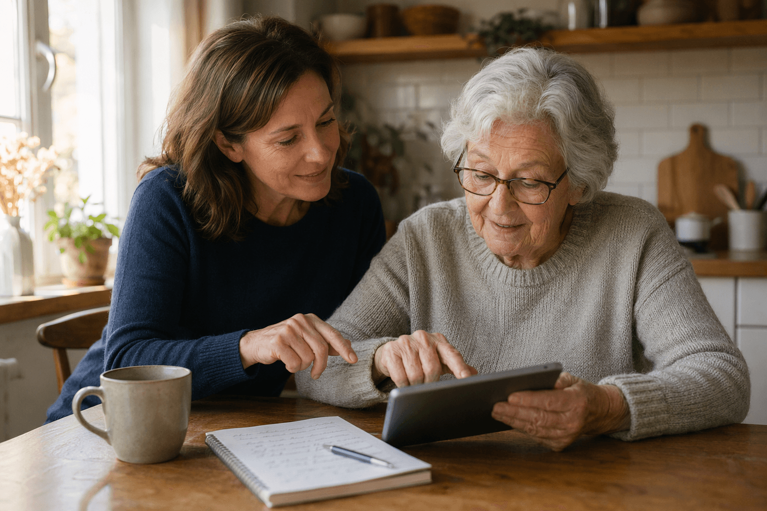 An adult child in their 40s sits beside their grey-haired elderly parent at a sunlit kitchen table, gently guiding the parent's hand on a tablet. The parent's face shows concentration and emerging confidence. A notebook with handwritten steps and a coffee cup sit on the wooden table. Warm natural light comes from a nearby window.