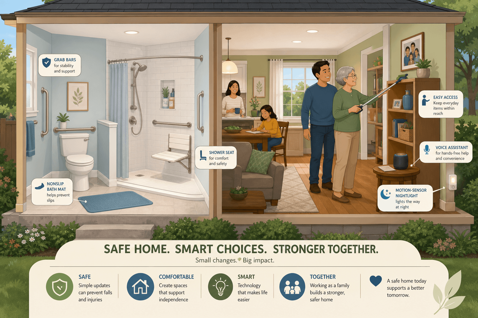 A split-view illustration of a safe modified home showing a bathroom with grab bar and shower seat on the left, and a well-lit living area with an older adult using a reach stick and a caregiver nearby on the right.