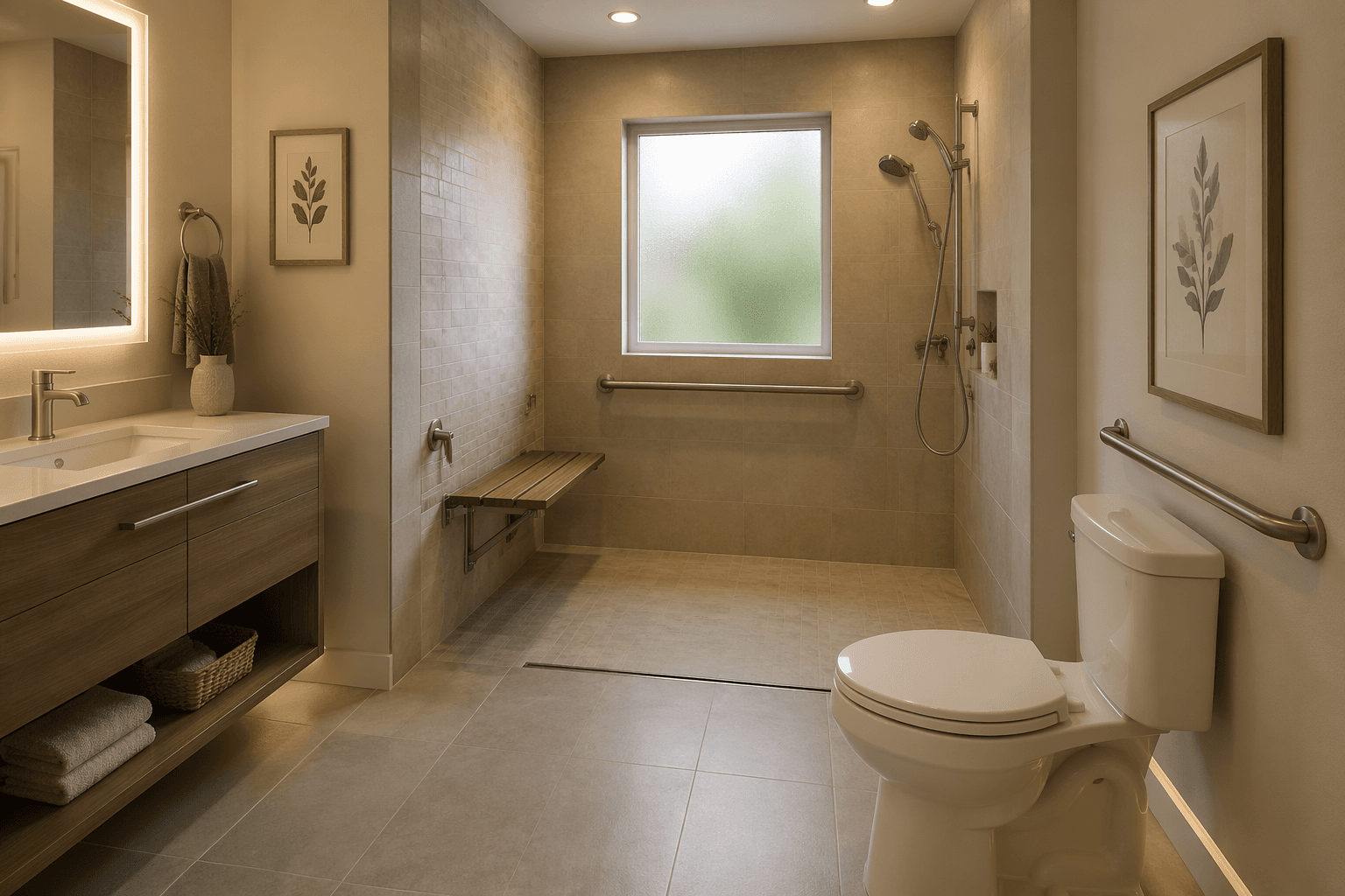 A warm, residential universal design bathroom with a curbless walk-in shower, teak bench, decorative grab bars, and layered lighting.