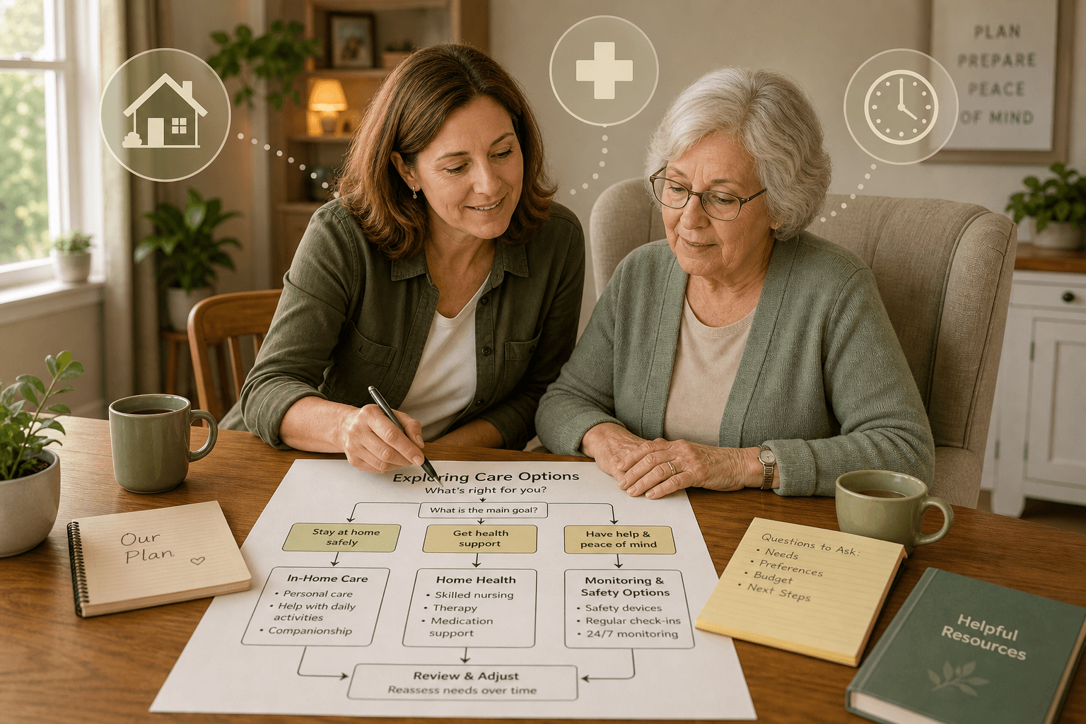 A multi-generational family (adult daughter and older parent) sits at a wooden kitchen table reviewing a decision flowchart together, with soft warm tones and subtle background icons representing different care types.