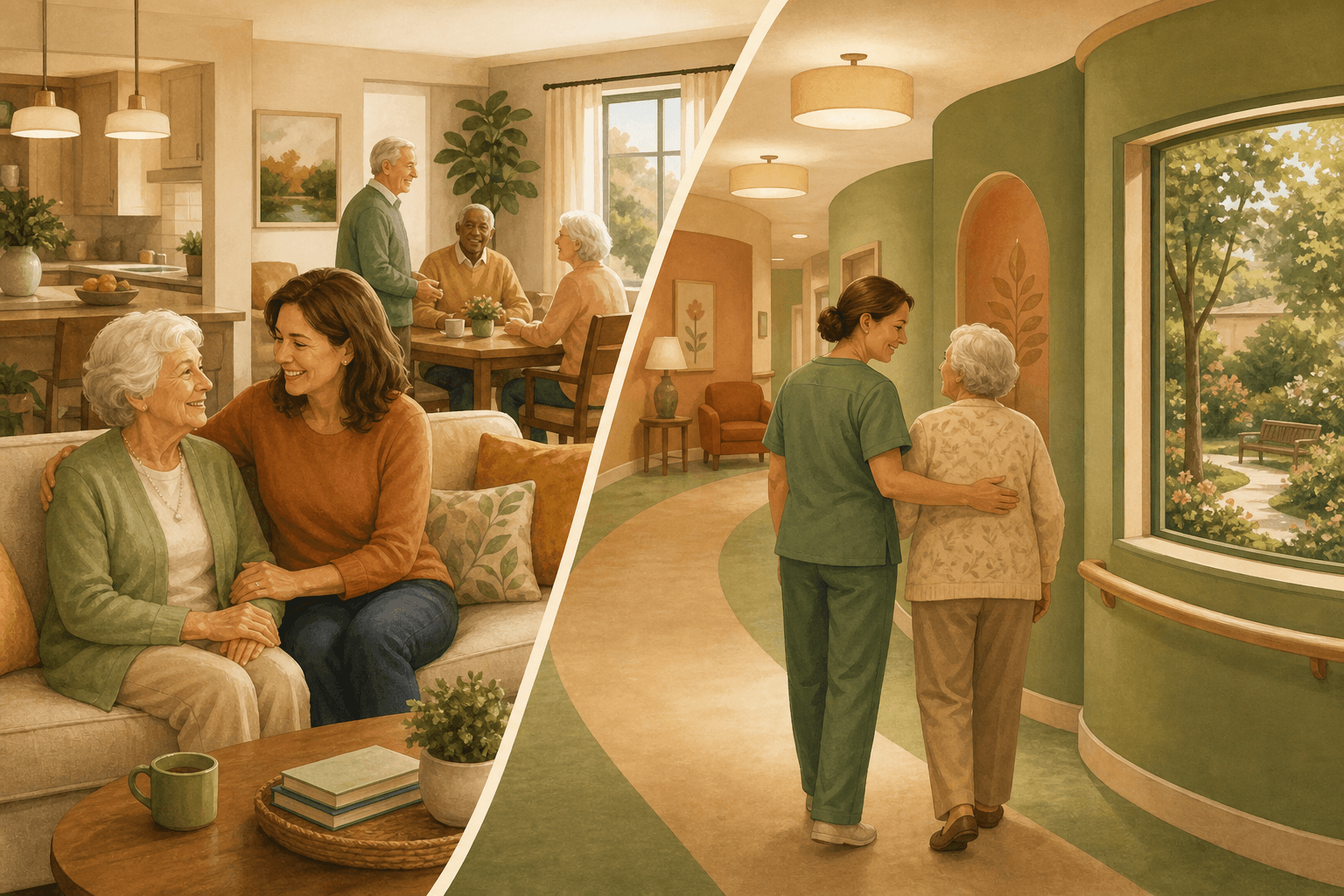 Split-scene illustration comparing assisted living and memory care environments.