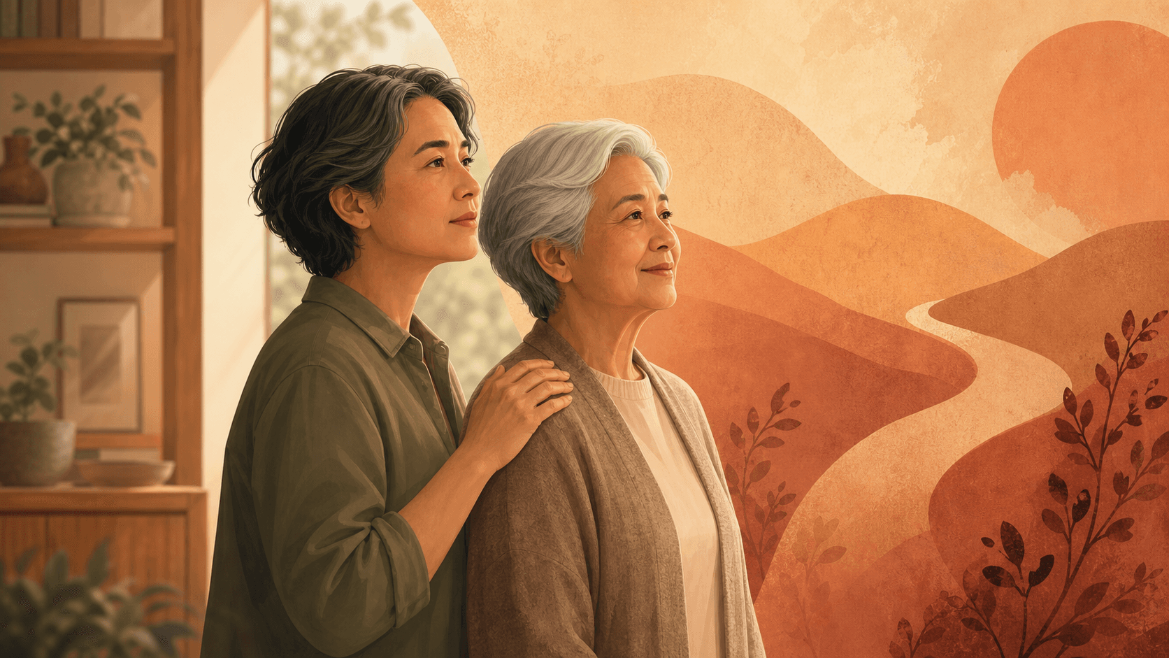 A middle-aged adult gently places a hand on the shoulder of an older parent with silver hair. Both stand in warm domestic lighting against an abstract amber-and-terracotta background.