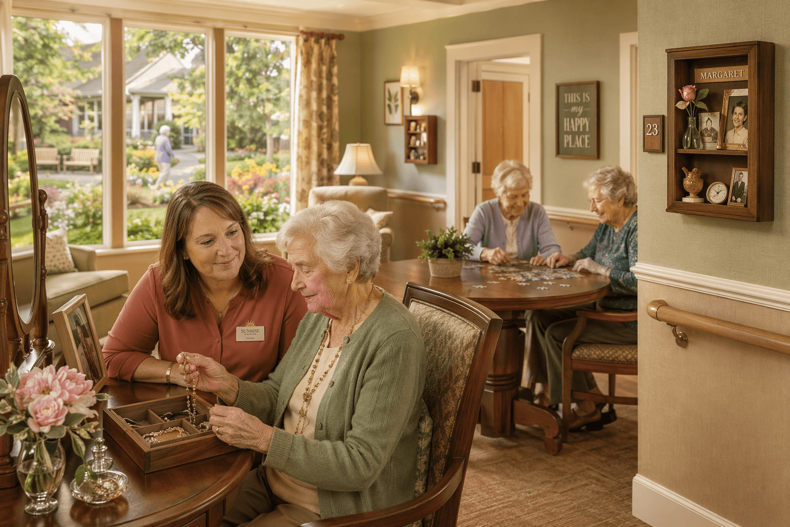 A light-filled memory care neighborhood common area with sage green and beige tones, a caregiver seated beside an older woman at a vanity-style life skills station, secure outdoor garden visible through large windows, personalized shadow boxes on hallway doors, and residents doing a puzzle at a nearby table.