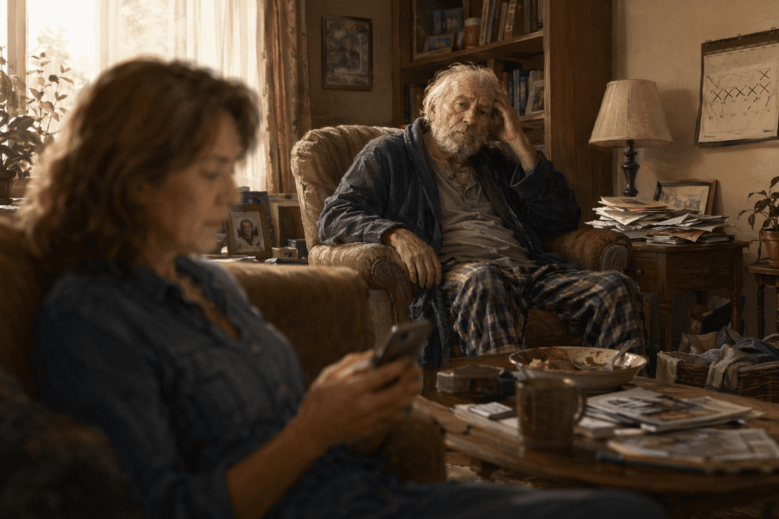 An adult child on a phone in a living room where an aging parent sits surrounded by unopened mail, a calendar with crossed-off dates, and a half-eaten meal — illustrating how daily proximity makes gradual decline hard to see.