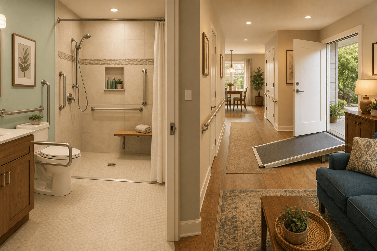 Split-view home interior showing an accessible bathroom with walk-in shower, grab bars, raised toilet, and shower bench on the left, and an open living area with a ramp entry, lever-handle doors, handrail, and clear pathways on the right.