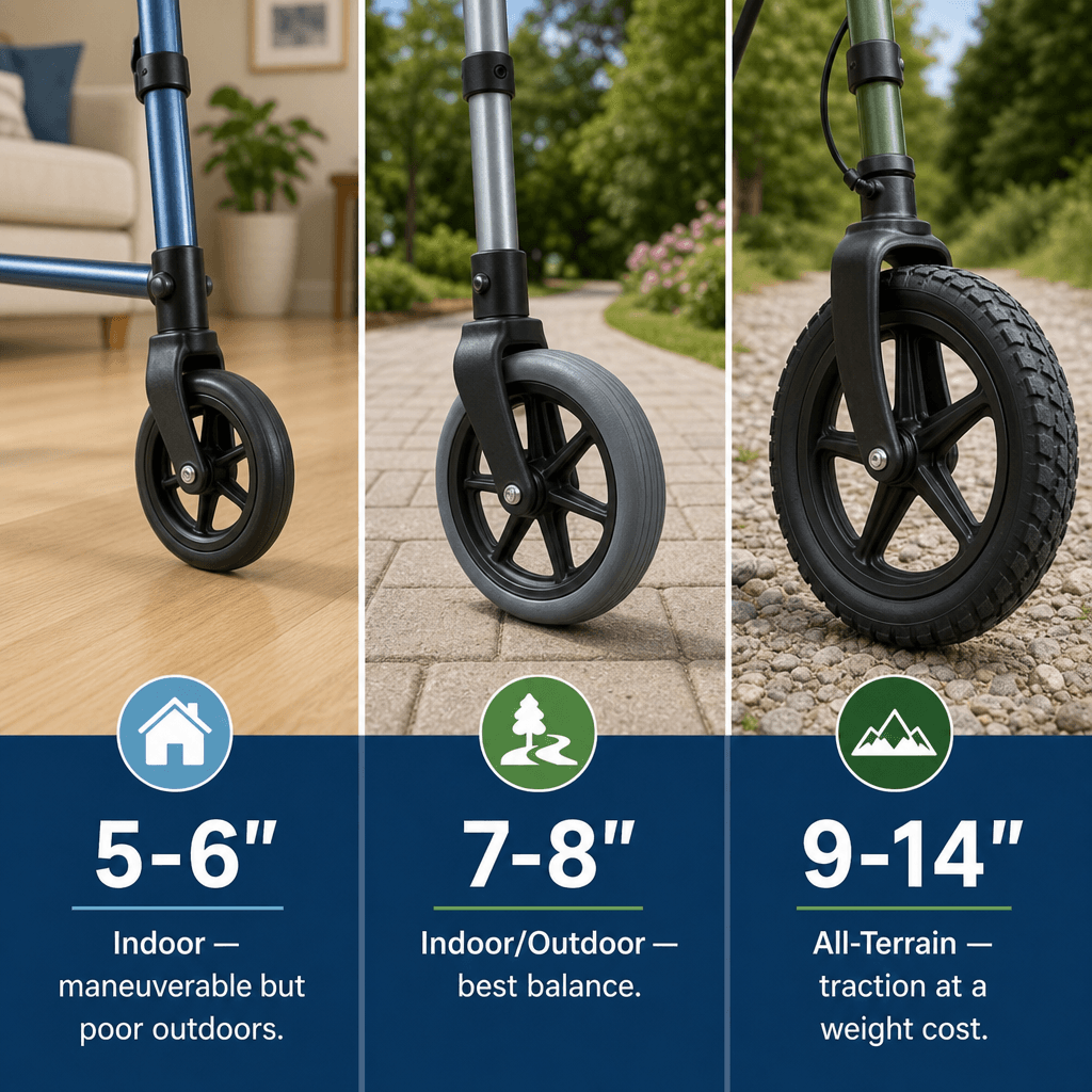 Side-by-side comparison of three rollator wheels: a small 5-inch wheel on an indoor floor, a medium 8-inch wheel on a paved walkway, and a large 10-inch all-terrain wheel on a gravel path, each labeled by size and terrain type.