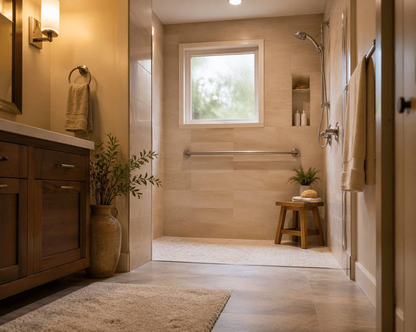 Warm bathroom with a low-curb walk-in shower, grab bar, natural light, and non-slip flooring