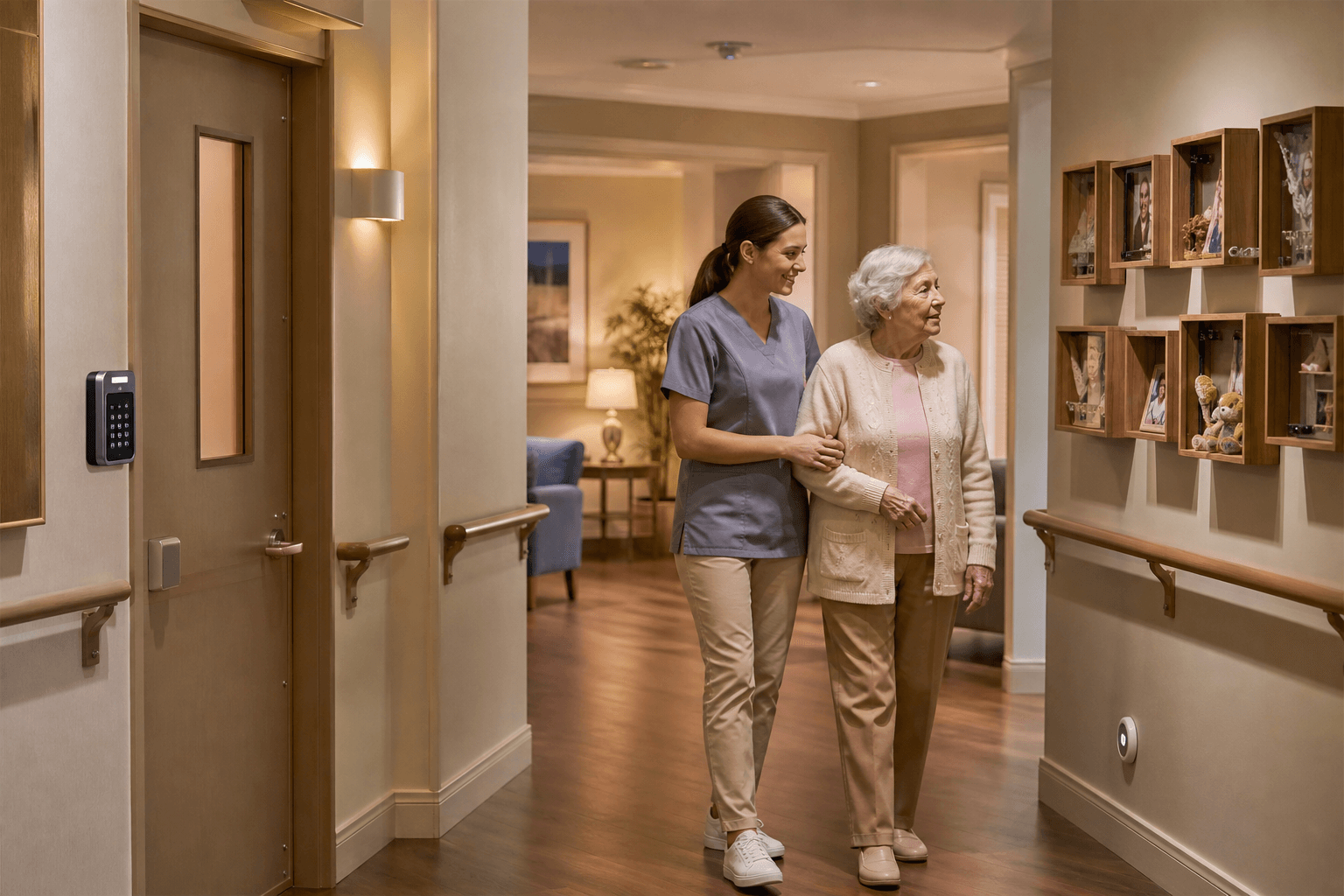 A warm editorial photograph of a secure memory care corridor with a keypad-locked exit door, a caregiver walking with a resident past personalized memory boxes on the wall, soothing earth tones, non-slip flooring, handrails, and soft indirect lighting creating a calm, safe atmosphere.
