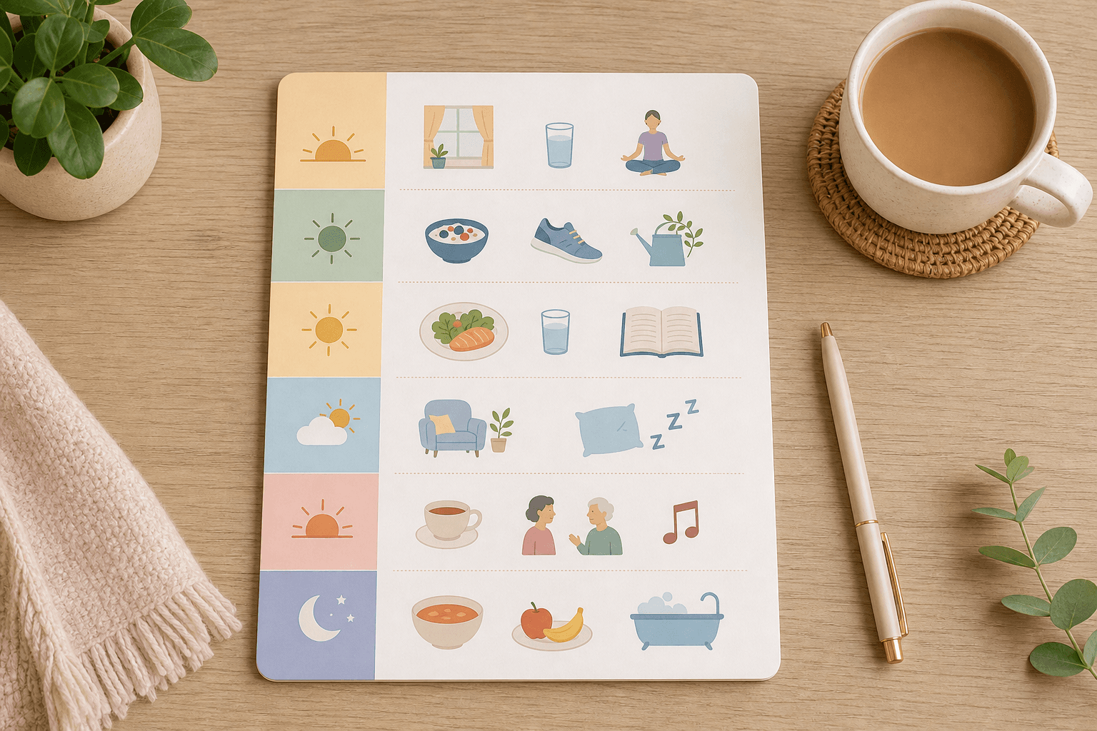 A clean daily planner layout on a wooden table showing a morning-to-evening routine with symbolic icons for meals, activity, and rest, with a cup of tea nearby.