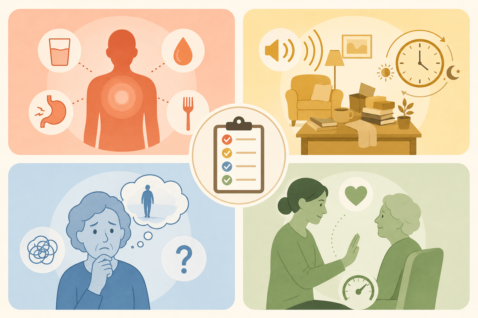 A four-zone illustration with icons representing the four categories of agitation triggers: physical discomfort, environmental factors, emotional and psychological factors, and caregiver-related factors.