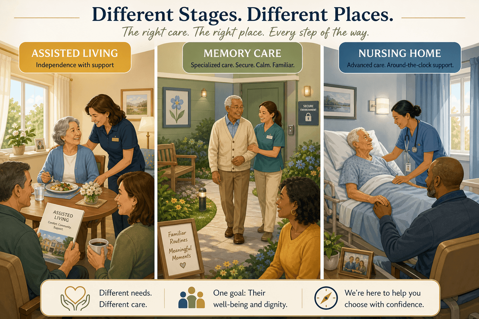 A warm illustrative three-panel comparison scene showing an assisted living apartment, a secured memory care environment with color-coded walls and an enclosed garden, and a nursing home room with a medical bed. Adult children visitors are present in each scene.
