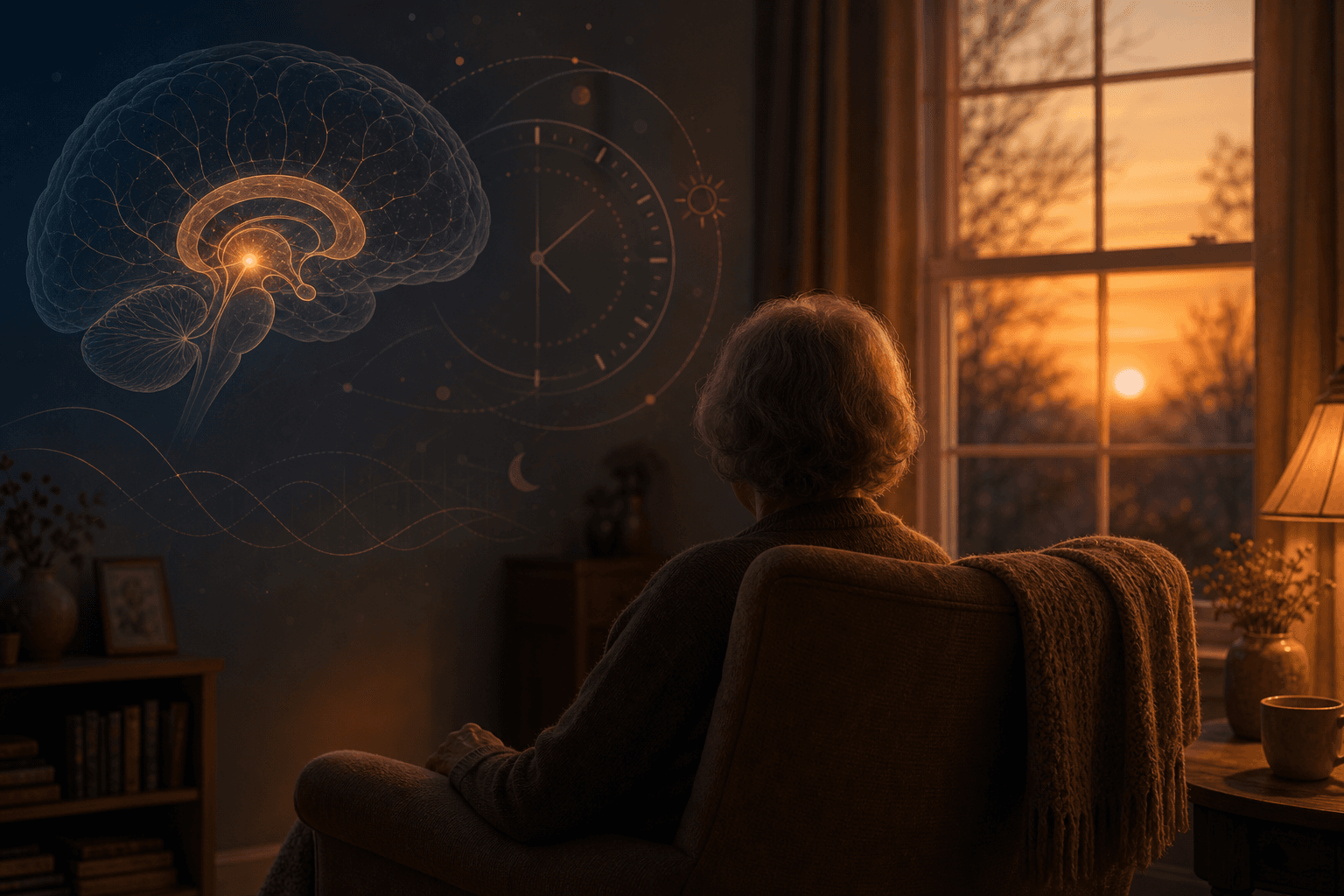 An older person sits in an armchair near a window at dusk, with warm golden sunset light streaming into the room. Subtle abstract elements in the background suggest a brain with a glowing region near the hypothalamus and faint clock symbols.