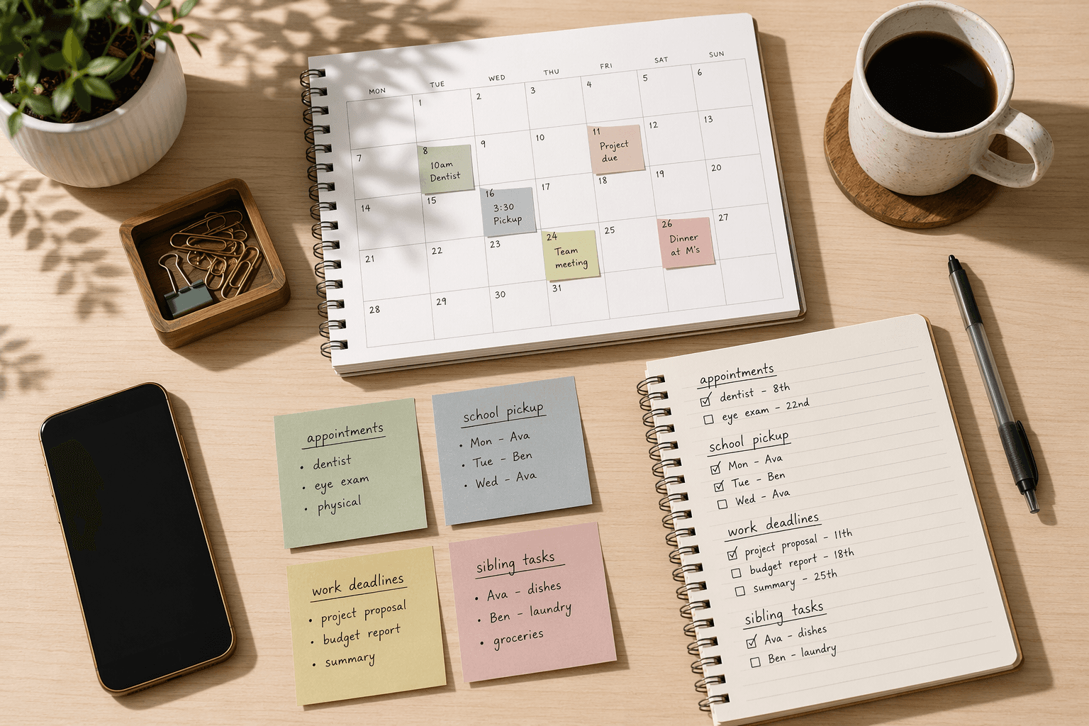 Organized home office workspace with calendar, caregiving sticky notes, notebook, smartphone, and coffee cup