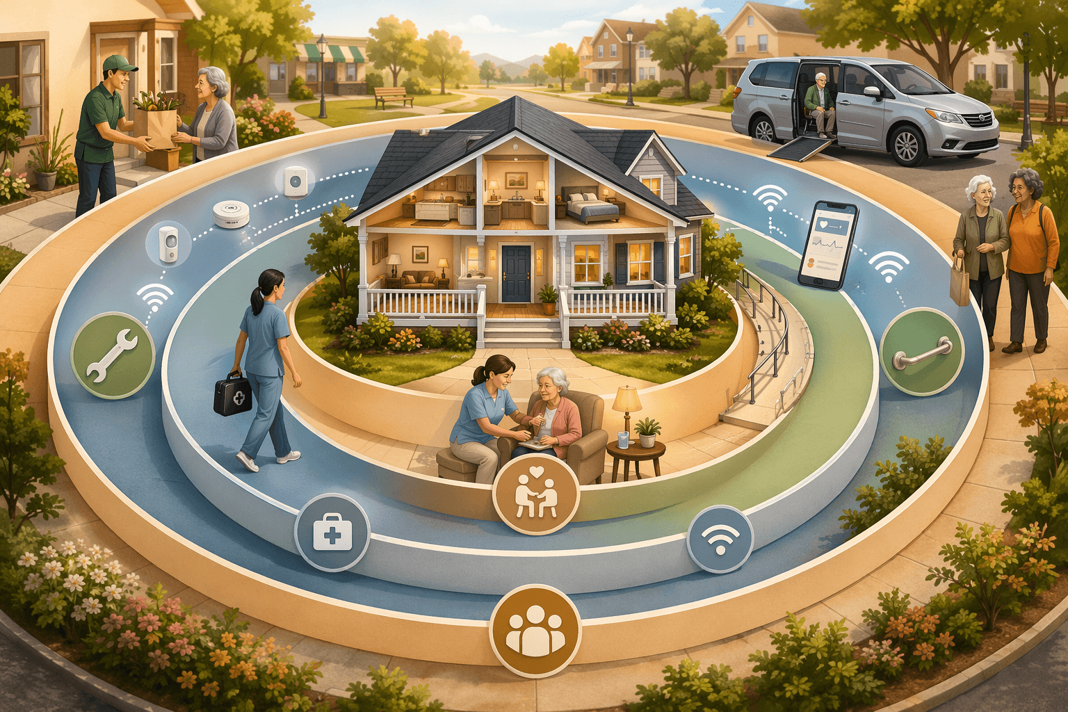 A warm-toned editorial cross-section illustration of a single-family home at the center, surrounded by five radiating service layers: a caregiver assisting an older adult, a nurse with a medical bag, a wrench and grab bar icon for home modifications, sensor signals connecting to a smartphone, and a community scene with meal delivery and transportation icons.