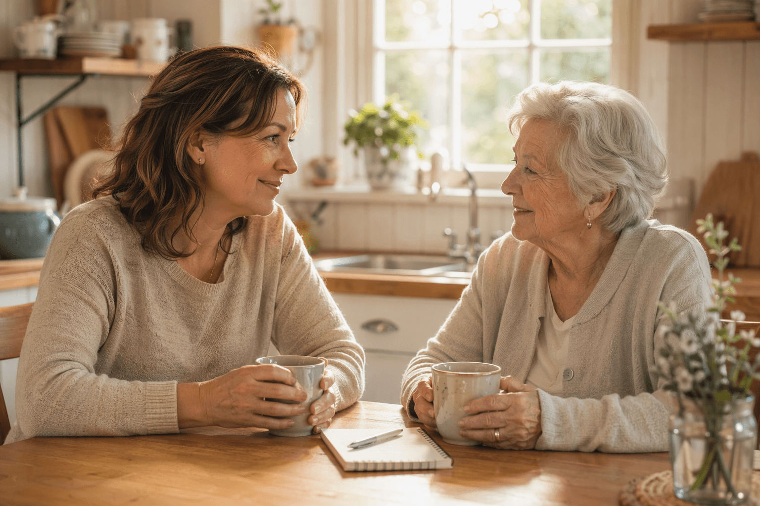 A middle-aged woman and her older mother sit across from each other at a warm wooden kitchen table, each holding a mug of tea, with a small notebook between them. Soft golden sunlight streams through a window.