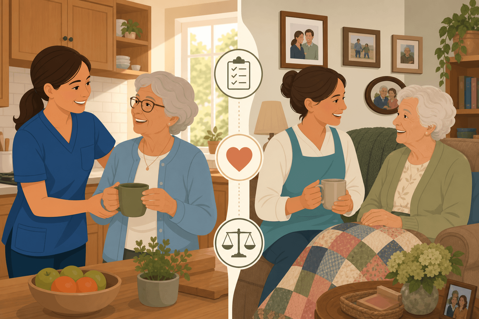 Split-scene illustration comparing a franchise caregiver in uniform assisting in a kitchen and an independent caregiver in a living room, with a center divider showing icons for standards, personal touch, and comparison.