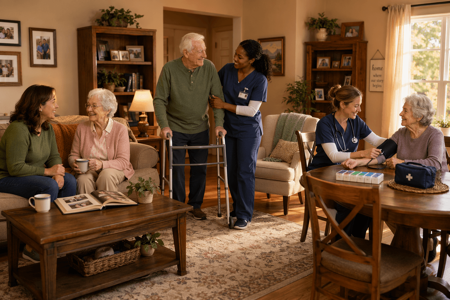 A warm living room scene showing three types of in-home care: a companion chatting with an elderly woman on a sofa (left), a home health aide assisting an elderly man with walking (center), and a nurse taking an elderly woman's blood pressure at a dining table (right).