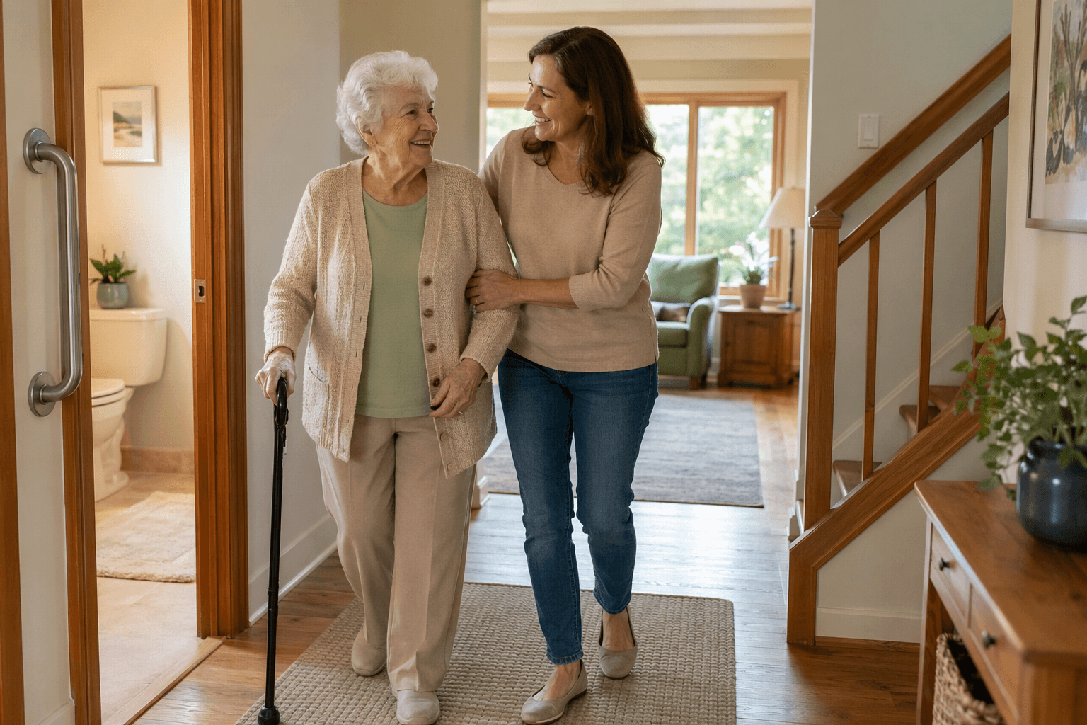 A warm, well-lit home hallway with a middle-aged daughter gently steadying her older parent who uses a cane. Visible safety features include a wooden stair handrail, a grab bar near a bathroom entrance, and non-slip flooring.