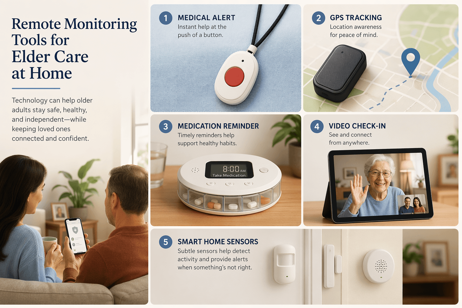 An editorial grid illustration showing five remote elder care monitoring categories: a medical alert pendant, a GPS tracking device, a medication dispenser with an alert light, a video check-in screen, and smart home sensors.