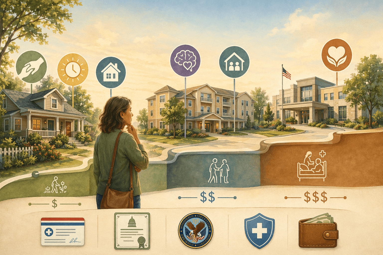 A horizontal editorial illustration showing the senior care spectrum as a stepped path from a home through assisted living and memory care to skilled nursing and hospice, with a middle-aged family caregiver standing thoughtfully at the decision point.