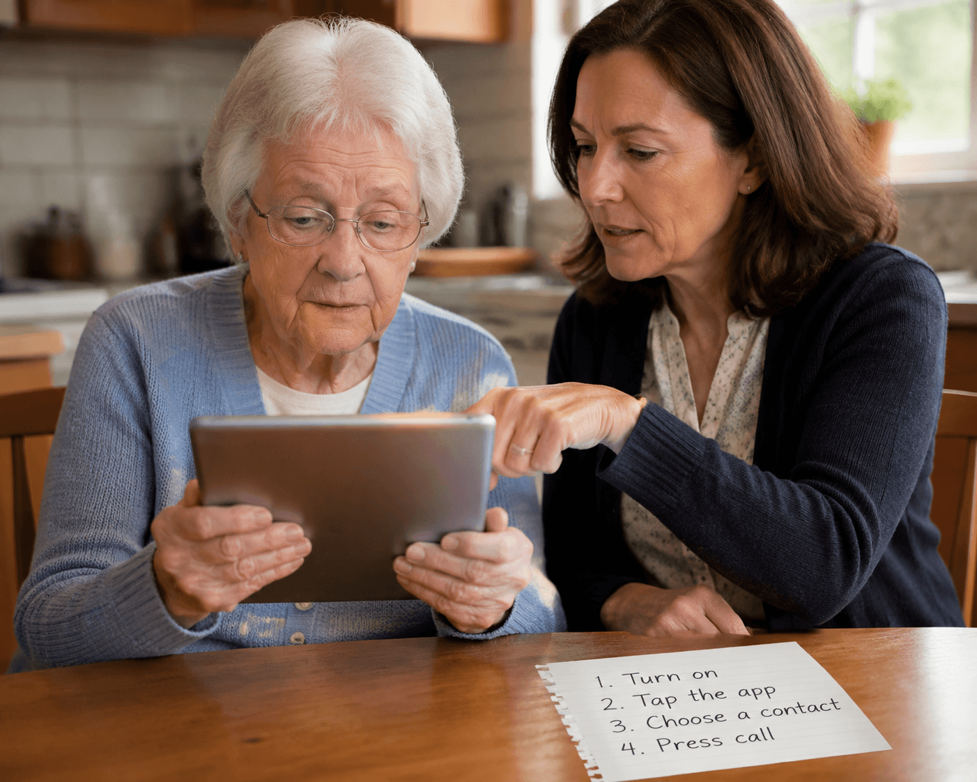 A middle-aged woman points to a tablet while an older woman holds it, with a large-print handwritten instruction card on the table