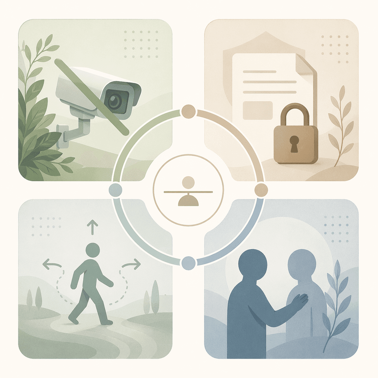 Four privacy dimensions shown as visual, data, autonomy, and social privacy icons