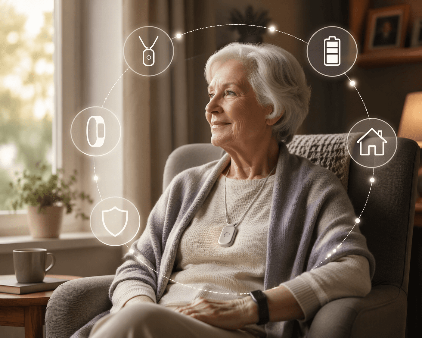 Older woman seated at home with floating icons for monitoring features
