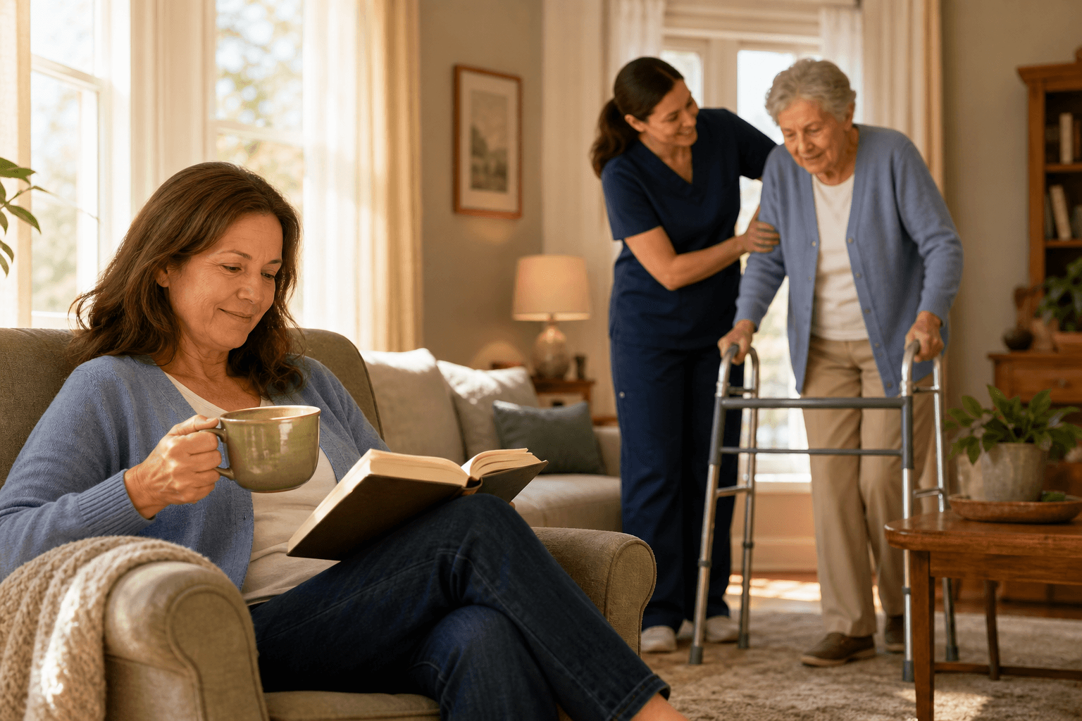 A sunlit living room with a middle-aged woman caregiver reading a book and drinking tea while a professional caregiver gently assists an older adult in the background.
