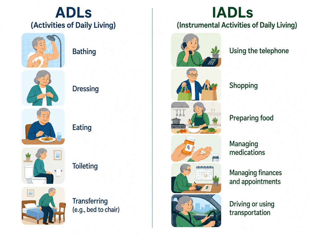 A two-column flat vector illustration comparing ADLs on the left with icons for bathing, dressing, eating, toileting, and transferring, and IADLs on the right with icons for using a phone, shopping, cooking, managing medication, managing finances, and transportation.