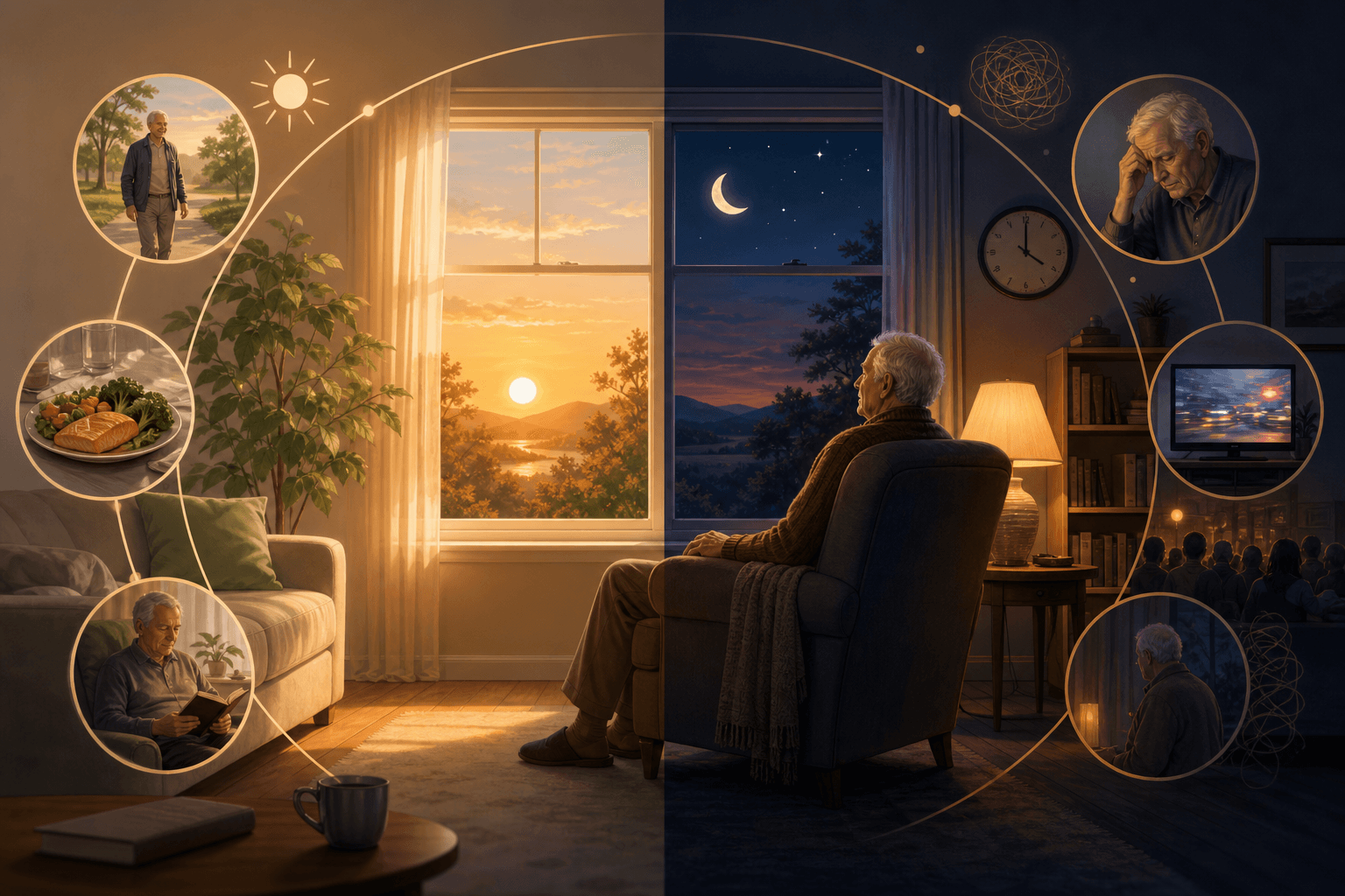 A split-view illustration showing a living room transitioning from a calm daytime scene to a dimmer nighttime setting with soft amber lights.