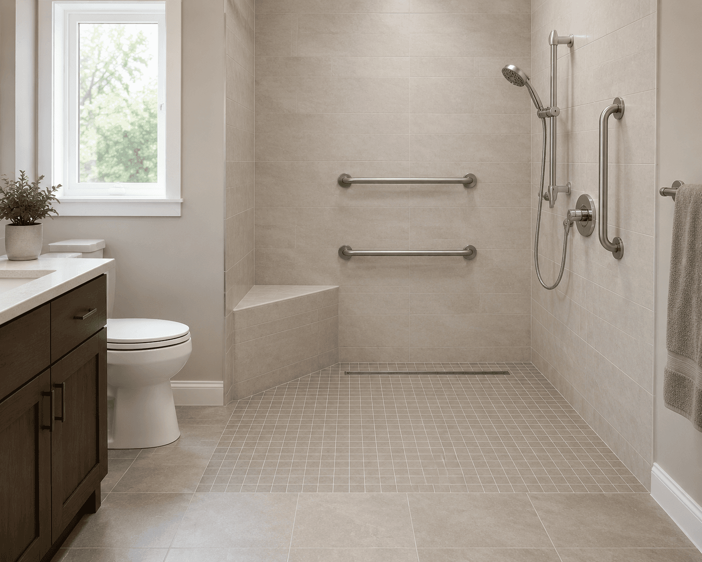 Curbless walk-in shower with bench, grab bars, handheld showerhead, linear drain, and textured floor tile